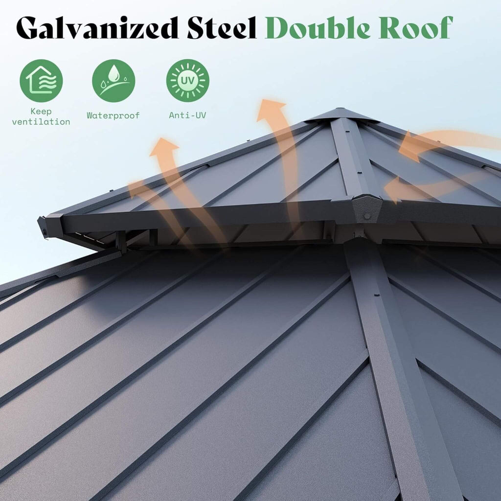[13X15FT] Double-Tier Hexagonal Metal Hardtop Patio Gazebo (SAK84137) - Saksby Wholesale - Steel Roof Features