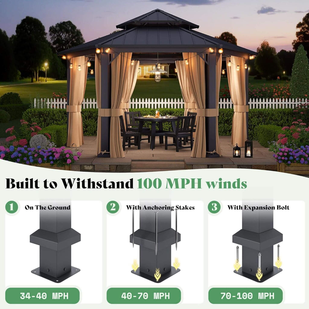 [13X15FT] Double-Tier Hexagonal Metal Hardtop Patio Gazebo (SAK84137) - Saksby Wholesale - Withstand Wind Up to 100MPH