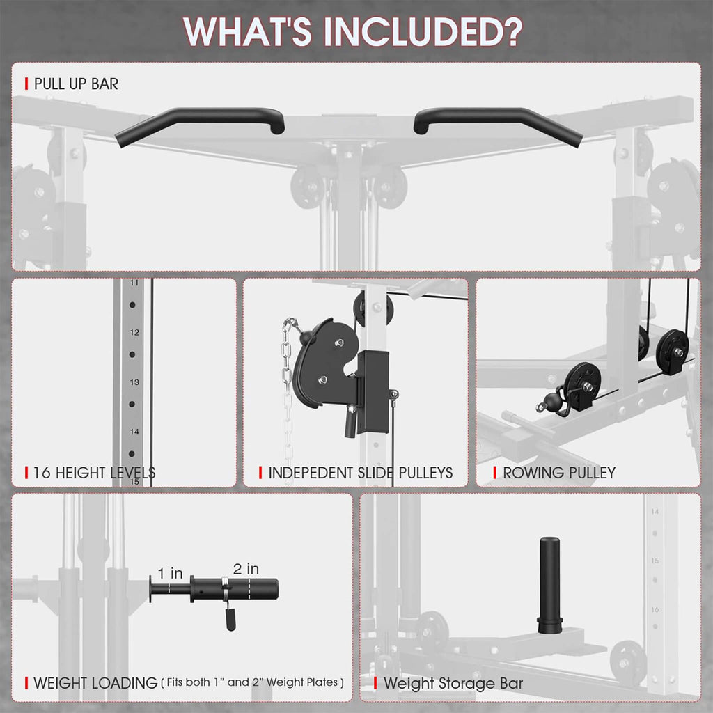 Dual Pulley Cable Crossover Machine With Pull Up And LAT Bar (SAK98124) - Saksby Wholesale - Whats Included View
