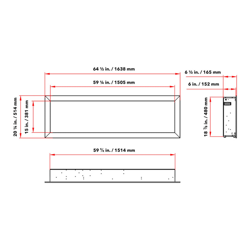 DYNASTY CASCADE 64" Smart Linear Electric Fireplace With Front Facing Heater [DY-BTX64]  SAKSBY Dimensions View