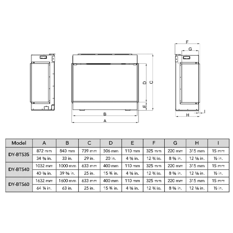 DYNASTY MELODY 40" Multi-Sided Smart Electric Fireplace With Remote Control [DY-BTS40]  SAKSBY -Dimensions View