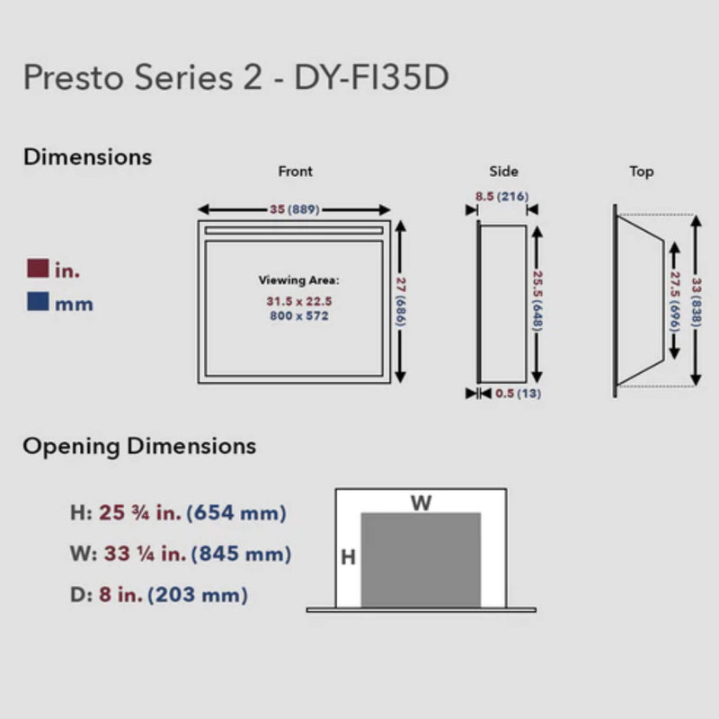 DYNASTY PRESTO 35" Vent Free Electric Firebox Insert With Remote Control [DY-FI35D] SAKSBY - Dimensions View