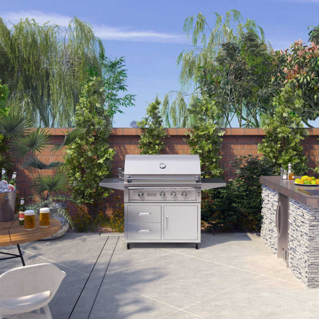 Edgestar 89K BTU 42-Inch Freestanding Grill And Cart With Rotisserie And Lighted Knobs (SAK56935) - Saksby Wholesale - Lifestyle In Backyard With Lid Closed