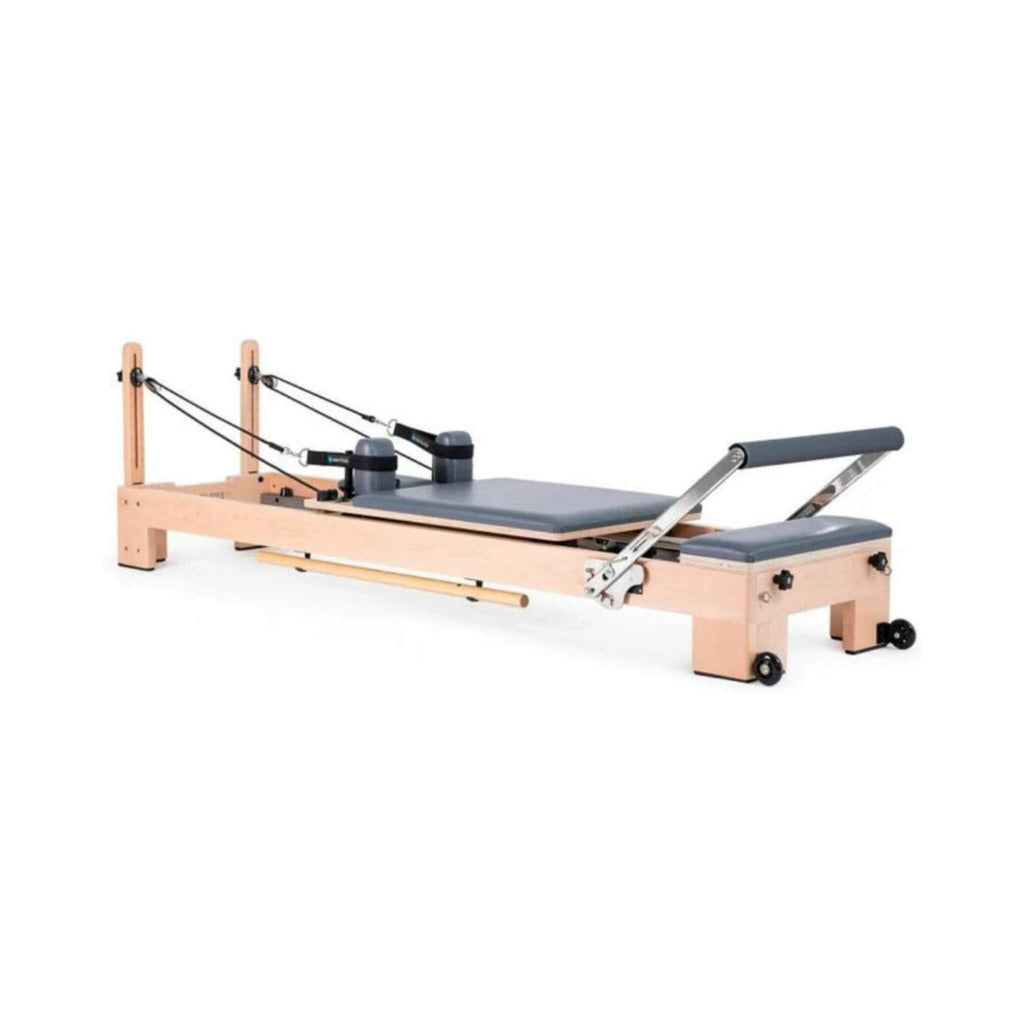 Elina Pilates Lignum Wooden Reformer With Adjustable Height Rope Pulleys [USA 100500] (SAK96321) - Saksby Wholesale - Front Side View In Grey Cushions