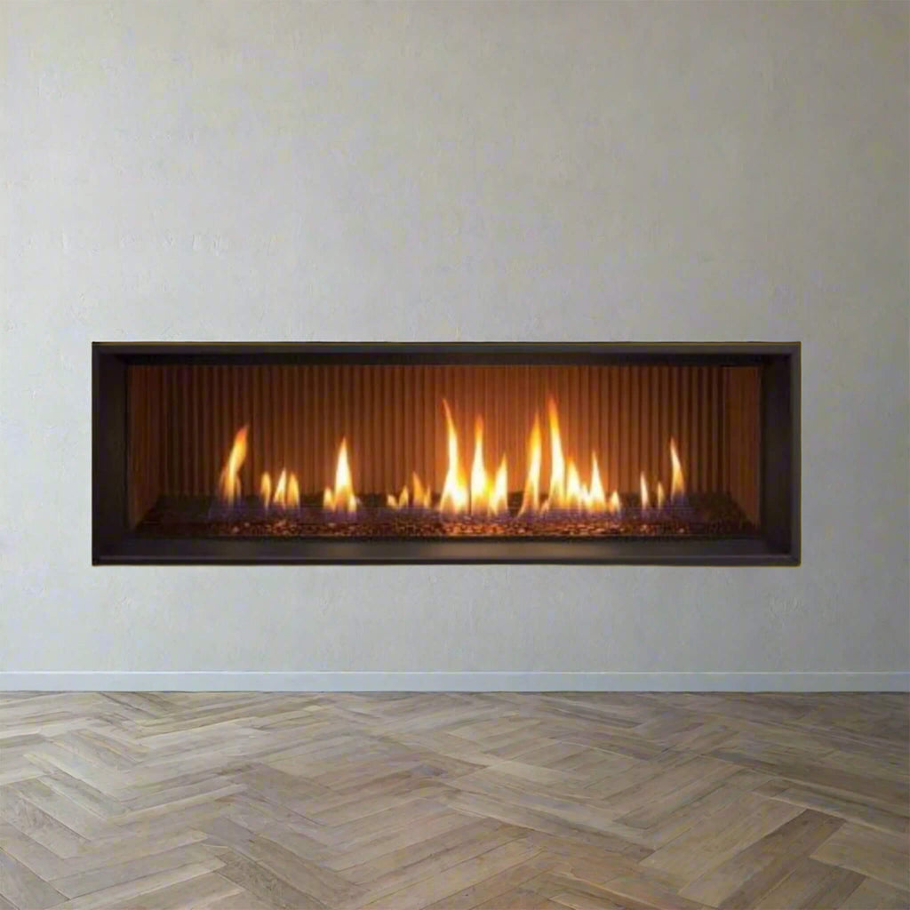 Enviro C44I 2 Linear IPI Direct Vent Gas Fireplace (SAK38429) Saksby - With Burner Tray and Remote Front View in Living Room 