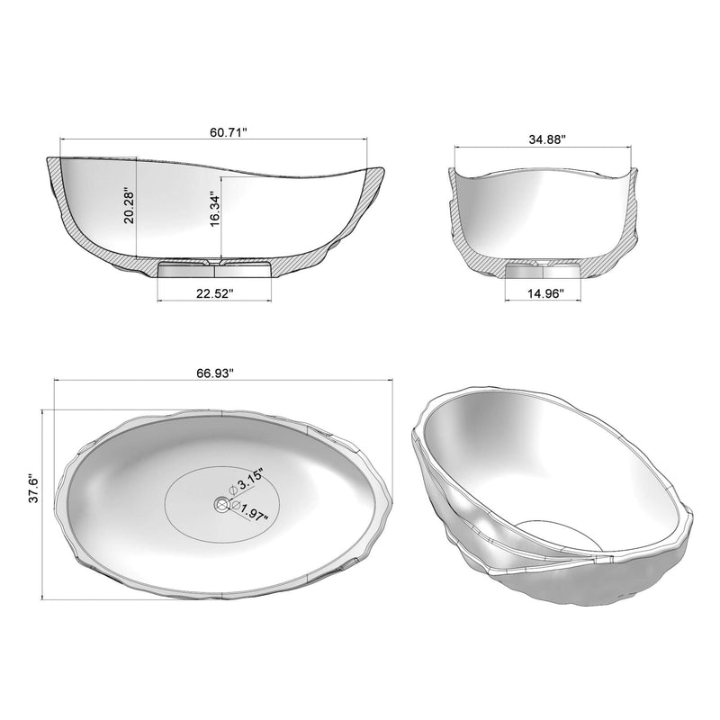 Extra Large 67 Inch Modern Freestanding Oval Resin Soaking Bathtub (SAK14326) - Saksby Wholesale - Product Dimensions