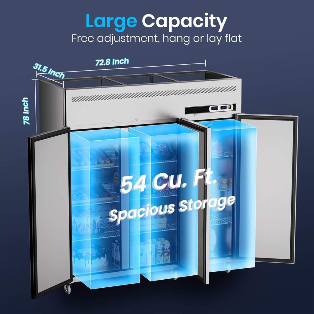 Extra-Large 72-Inch 54 Cu.Ft Commercial 3-Door Upright Reach-In Refrigerator With Wheels (SAK68325)  - Saksby Wholesale - Capacity Details