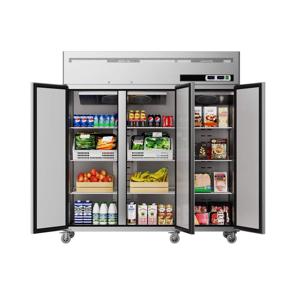 Extra-Large 72-Inch 54 Cu.Ft Commercial 3-Door Upright Reach-In Refrigerator With Wheels (SAK68325)  - Saksby Wholesale - Front View With Display