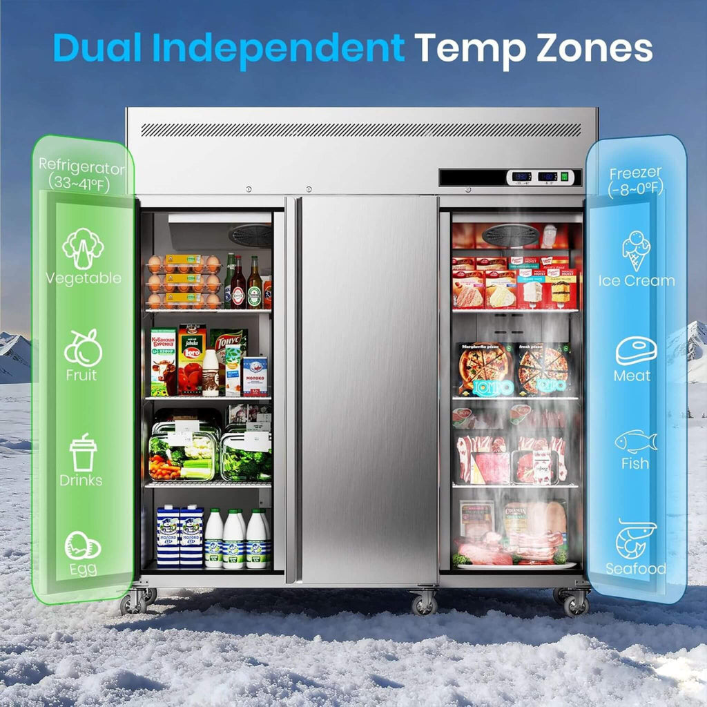 Extra-Large 72-Inch 54 Cu.Ft Commercial 3-Door Upright Reach-In Refrigerator With Wheels (SAK68325)  - Saksby Wholesale - Temp Zones Details