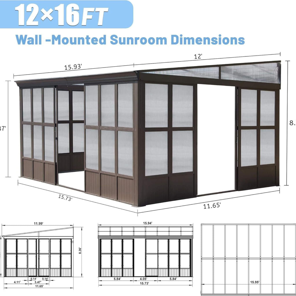 [12X16FT] Extra-Large Heavy-Duty All-Season Sunroom With Sliding Doors And Polycarbonate Windows (SAK98357) - Saksby Wholesale - Dimensions