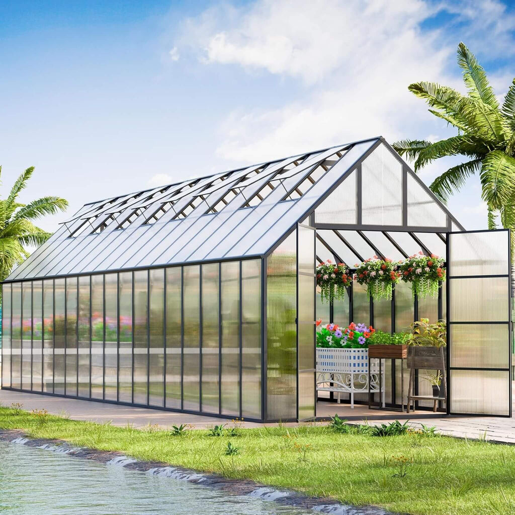 Extra-Large Heavy-Duty Outdoor Walk-In Greenhouse With Adjustable Roof Vents, 4MM (SAK26174) - Saksby Wholesale - Lifestyle Image In Lake Side Setting