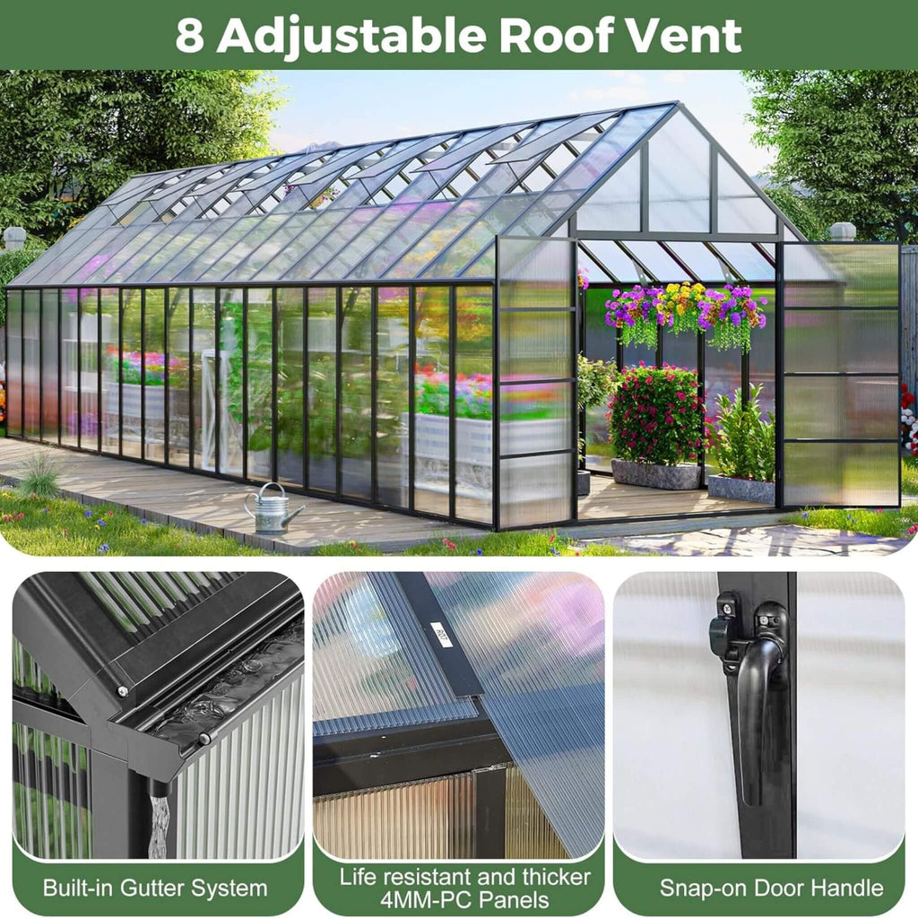 Extra-Large Heavy-Duty Outdoor Walk-In Greenhouse With Adjustable Roof Vents, 4MM (SAK26174) - Saksby Wholesale - Roof Vent  Features