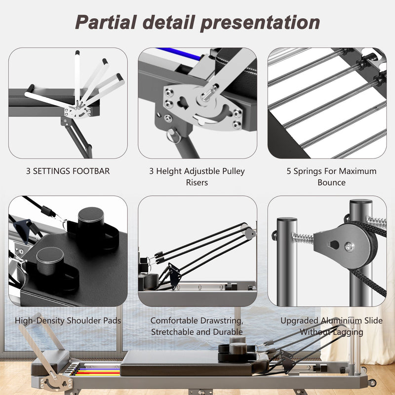 Extra Large Multi-Functional Pilates Reformer Machine With Dynamic Resistance Cords And Aerobic Rebounder, Black (SAK32879) - Saksby Wholesale - Partial Detail Presentation
