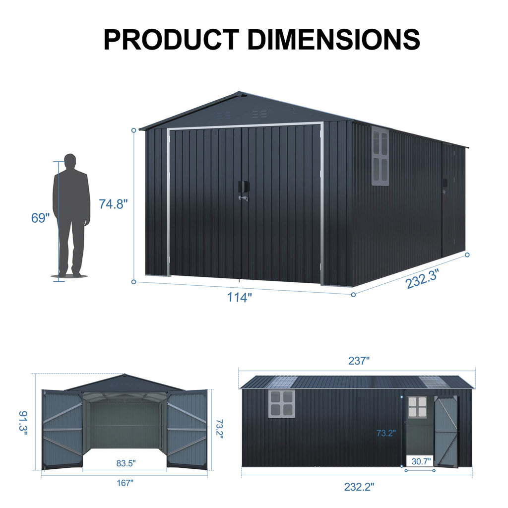 Extra-Large Outdoor Galvanized Steel Outdoor Storage Shed With Skylight Roof (SAK42671) - Saksby Wholesale - Black 10X20FT Dimensions