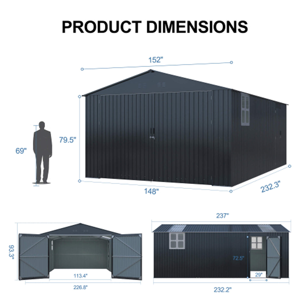 Extra-Large Outdoor Galvanized Steel Outdoor Storage Shed With Skylight Roof (SAK42671) - Saksby Wholesale - Black 13X20FT Dimensions