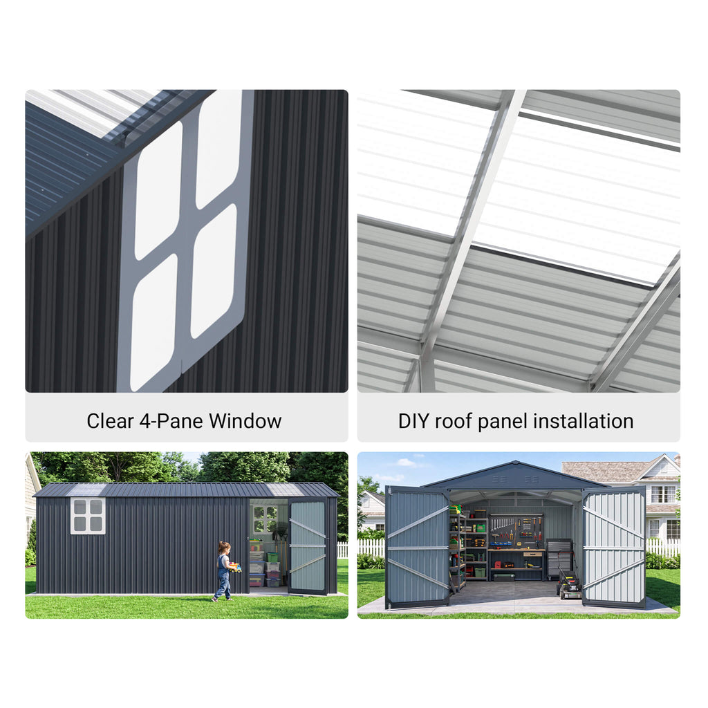 Extra-Large Outdoor Galvanized Steel Outdoor Storage Shed With Skylight Roof (SAK42671) - Saksby Wholesale - Clear Window And DIY Roof Panel Installation