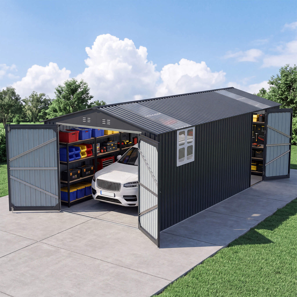Extra-Large Outdoor Galvanized Steel Outdoor Storage Shed With Skylight Roof (SAK42671) - Saksby Wholesale - Lifestyle Front Left Top View