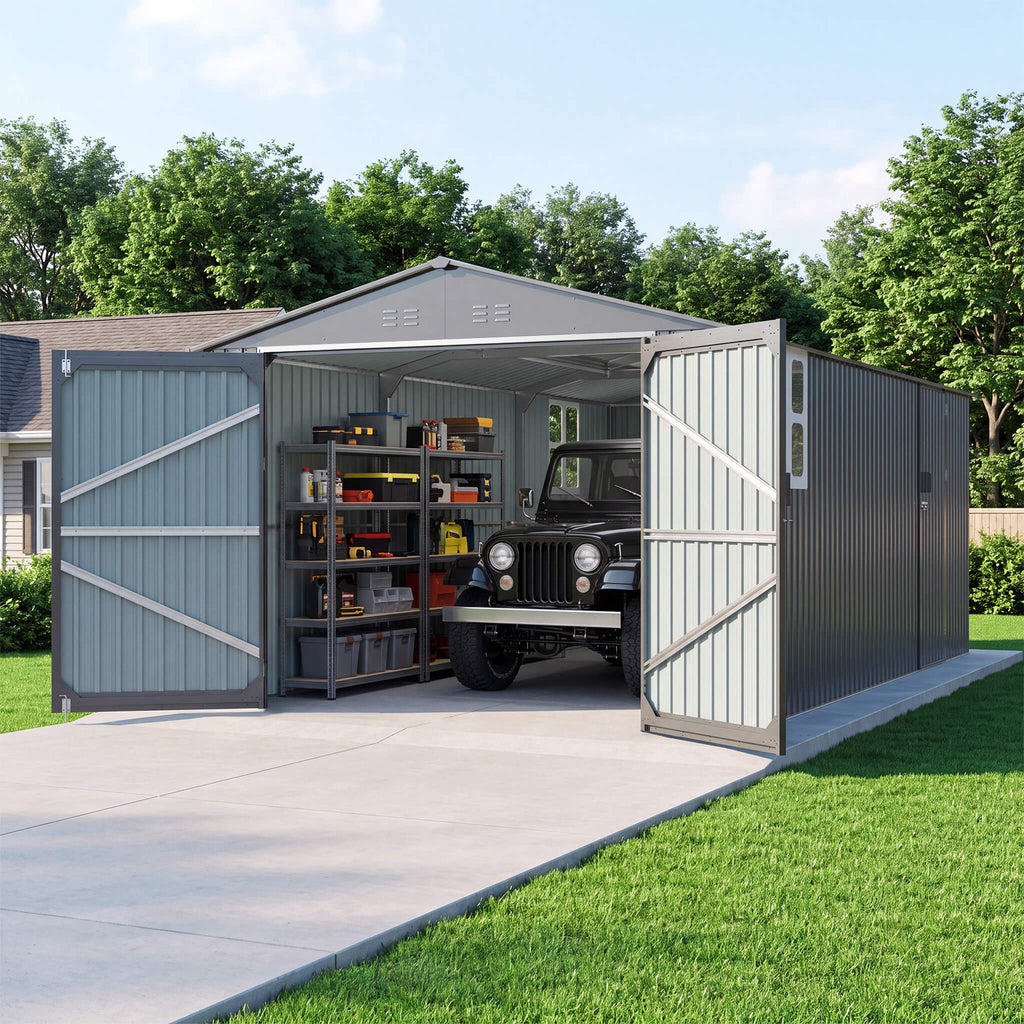 Extra-Large Outdoor Galvanized Steel Outdoor Storage Shed With Skylight Roof (SAK42671) - Saksby Wholesale - Lifestyle Front Left View