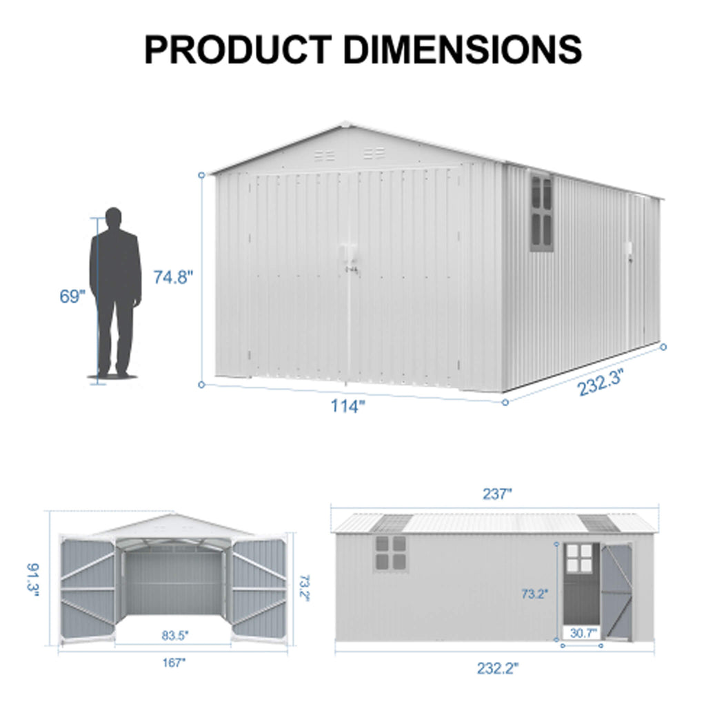 Extra-Large Outdoor Galvanized Steel Outdoor Storage Shed With Skylight Roof (SAK42671) - Saksby Wholesale - White 10X20FT Dimensions