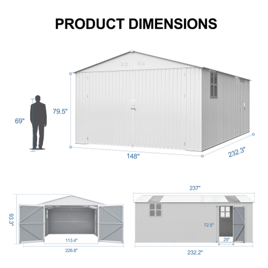 Extra-Large Outdoor Galvanized Steel Outdoor Storage Shed With Skylight Roof (SAK42671) - Saksby Wholesale - White 13X20FT Dimensions
