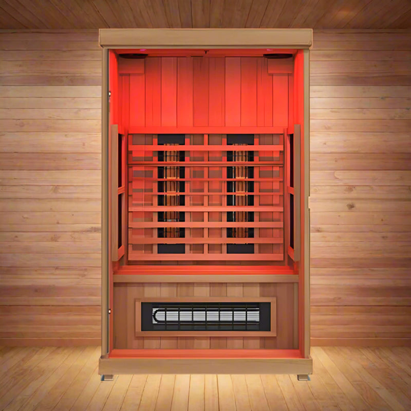 FINNMARK 2-Person Full-Spectrum Home Infrared Sauna With Built In LCD Touchscreen Controller (SAK94731) - SAKSBY Inside View