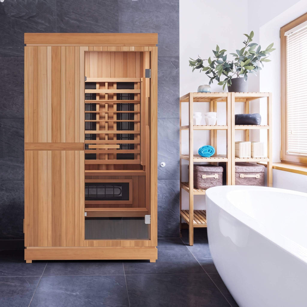 FINNMARK FD-4 Trinity 2 Person Home Sauna With Infrared And 120V Traditional Heater (SAK41865) - Saksby Wholesale - Bathroom View