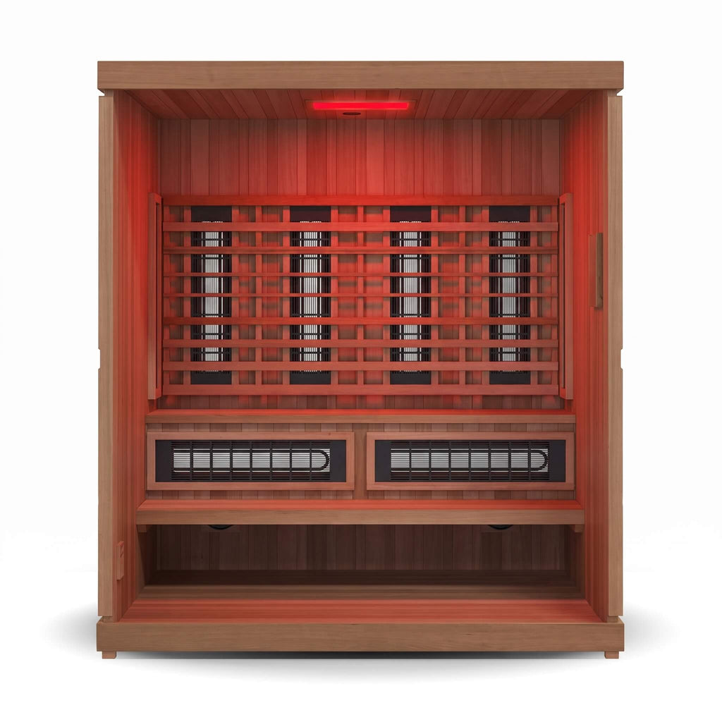 FINNMARK Trinity XL Home Infrared Sauna With Traditional Sauna Heater And  4 Person Capacity (SAK37258) - Saksby Wholesale - Inside View With Infrared Lights