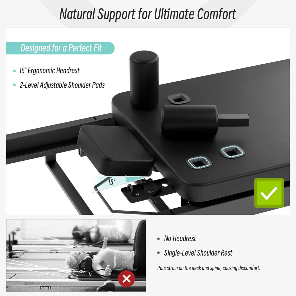 Foldable Dual Resistance Pilates Reformer Machine With Tower (SAK96041) - Saksby Wholesale - Ergonomic Headrest