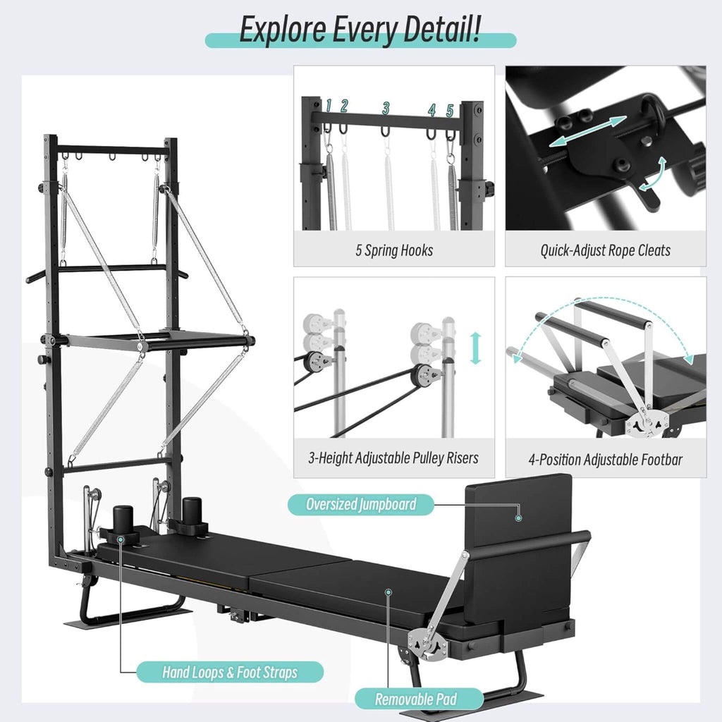 Foldable Dual Resistance Pilates Reformer Machine With Tower (SAK96041) - Saksby Wholesale - Parts Function Details