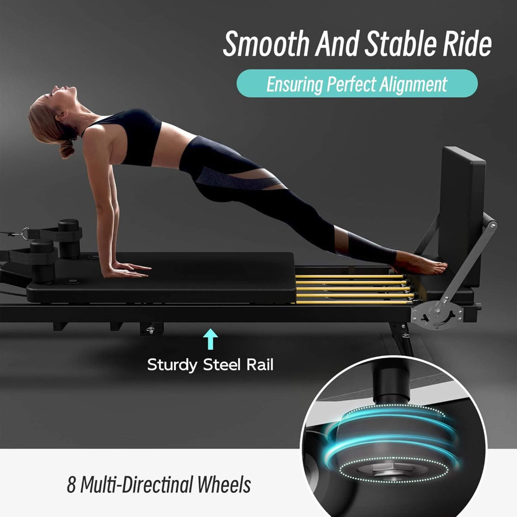 Foldable Dual Resistance Pilates Reformer Machine With Tower (SAK96041) - Saksby Wholesale - Sturdy Steel Rail