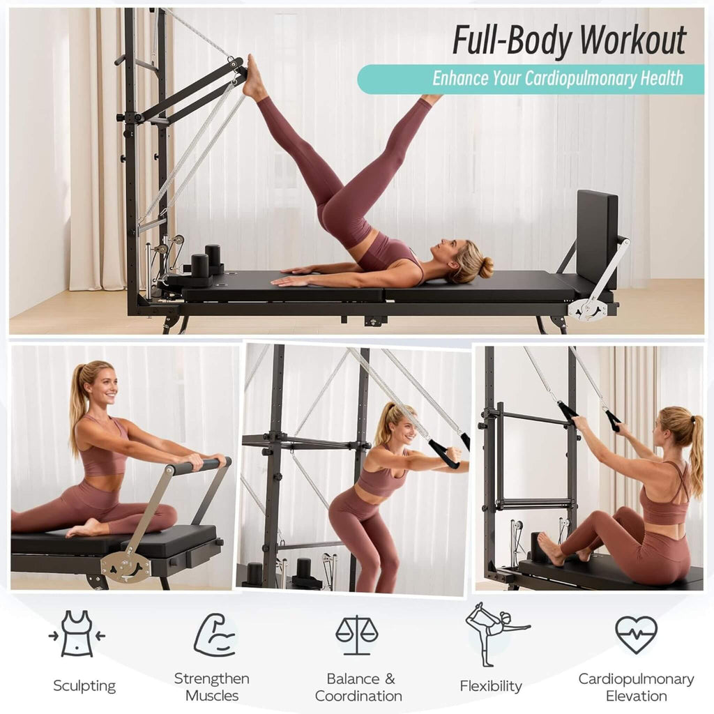 Foldable Dual Resistance Pilates Reformer Machine With Tower (SAK96041) - Saksby Wholesale - Various Workouts