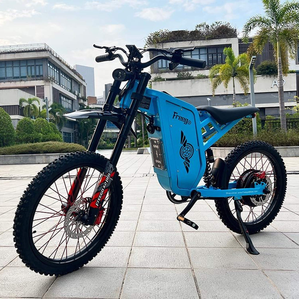 Freego X2 All Terrain Mountain Off Road Motorcycle Lifestyle Blue Front Left View