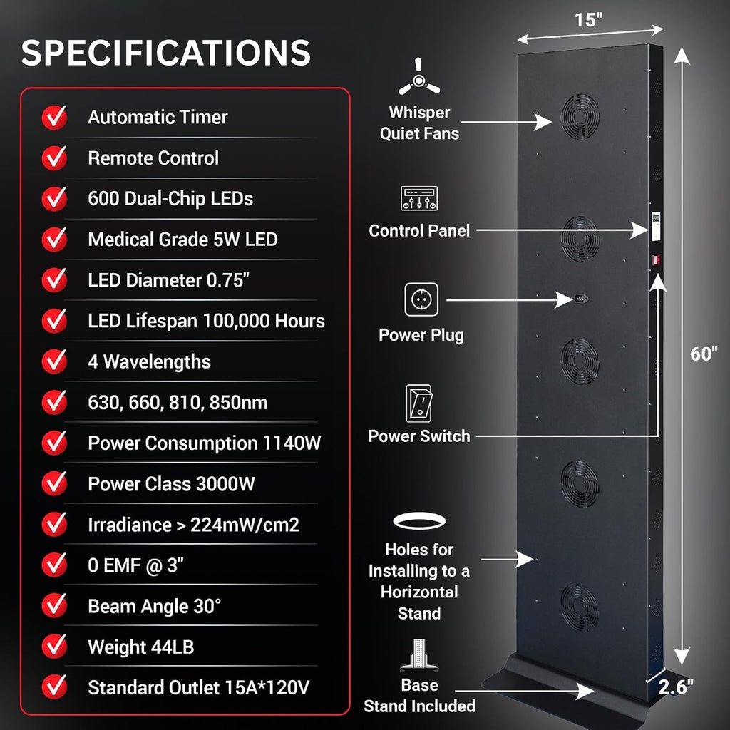 Full-Body Dual-Chip Clinical-Grade Red Light Therapy Panel (SAK63480) - Saksby Wholesale - 600LED Model Specifications