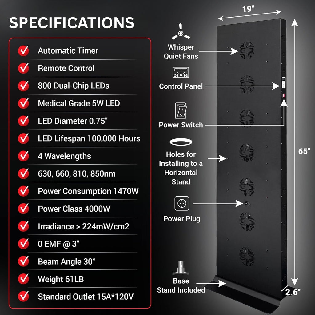 Full-Body Dual-Chip Clinical-Grade Red Light Therapy Panel (SAK63480) - Saksby Wholesale - 800LED Model Specifications