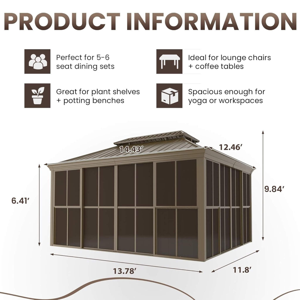 Fully-Enclosed Outdoor Black Sunroom With Lockable Sliding Doors And Galvanized Double Steel Roof (SAK81634)  - Saksby Wholesale - Dimensions for 5-6 Persons