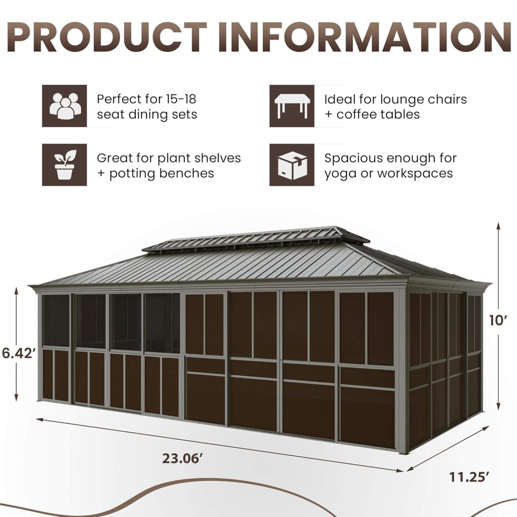 Fully-Enclosed Outdoor Black Sunroom With Lockable Sliding Doors And Galvanized Double Steel Roof (SAK81634)  - Saksby Wholesale - Dimensions for 15-18 Persons
