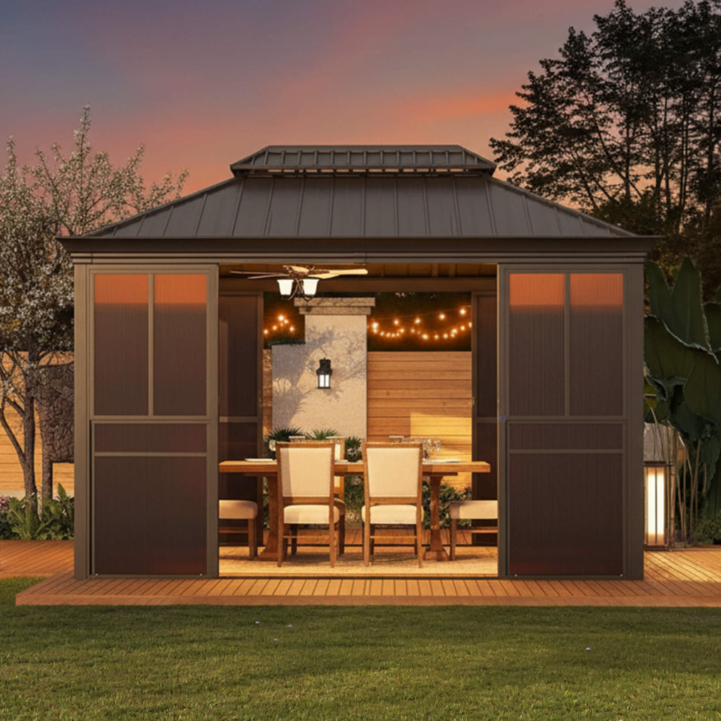 Fully-Enclosed Outdoor Black Sunroom With Lockable Sliding Doors And Galvanized Double Steel Roof (SAK81634) - Saksby Wholesale - Lifestyle Front View In Backyard