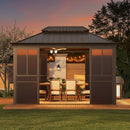 Fully-Enclosed Outdoor Black Sunroom With Lockable Sliding Doors And Galvanized Double Steel Roof (SAK81634) - Saksby Wholesale - Lifestyle Front View In Backyard