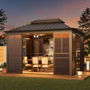 Fully-Enclosed Outdoor Black Sunroom With Lockable Sliding Doors And Galvanized Double Steel Roof (SAK81634) - Saksby Wholesale - Lifestyle Image In Backyard