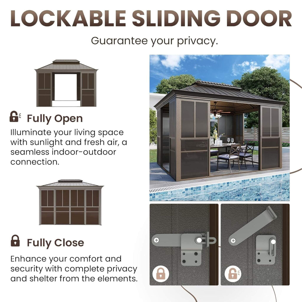 Fully-Enclosed Outdoor Black Sunroom With Lockable Sliding Doors And Galvanized Double Steel Roof (SAK81634)  - Saksby Wholesale - Lockable Sliding Door