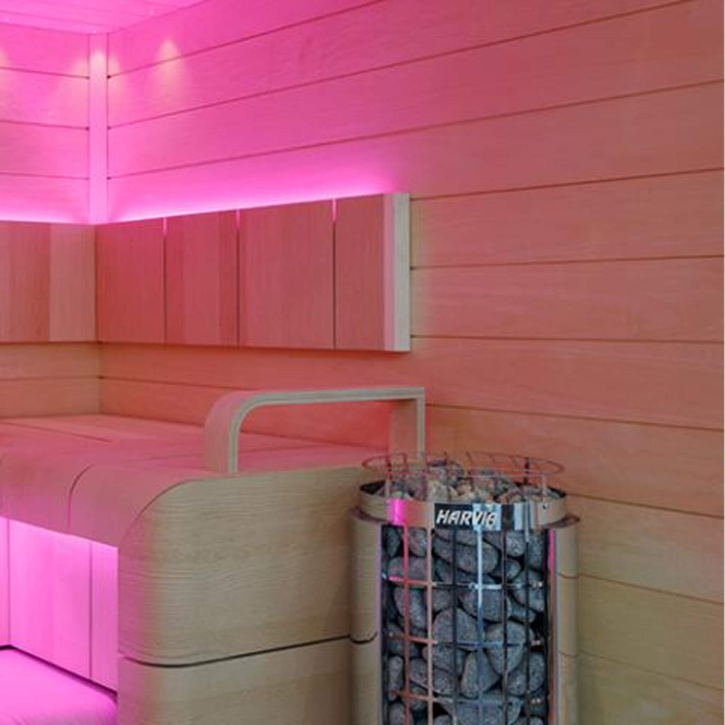 Harvia Cilindro Half Series Modern Steel Pillar-Style Sauna Heater - Front-Top View Beside Bench-  SAK84937