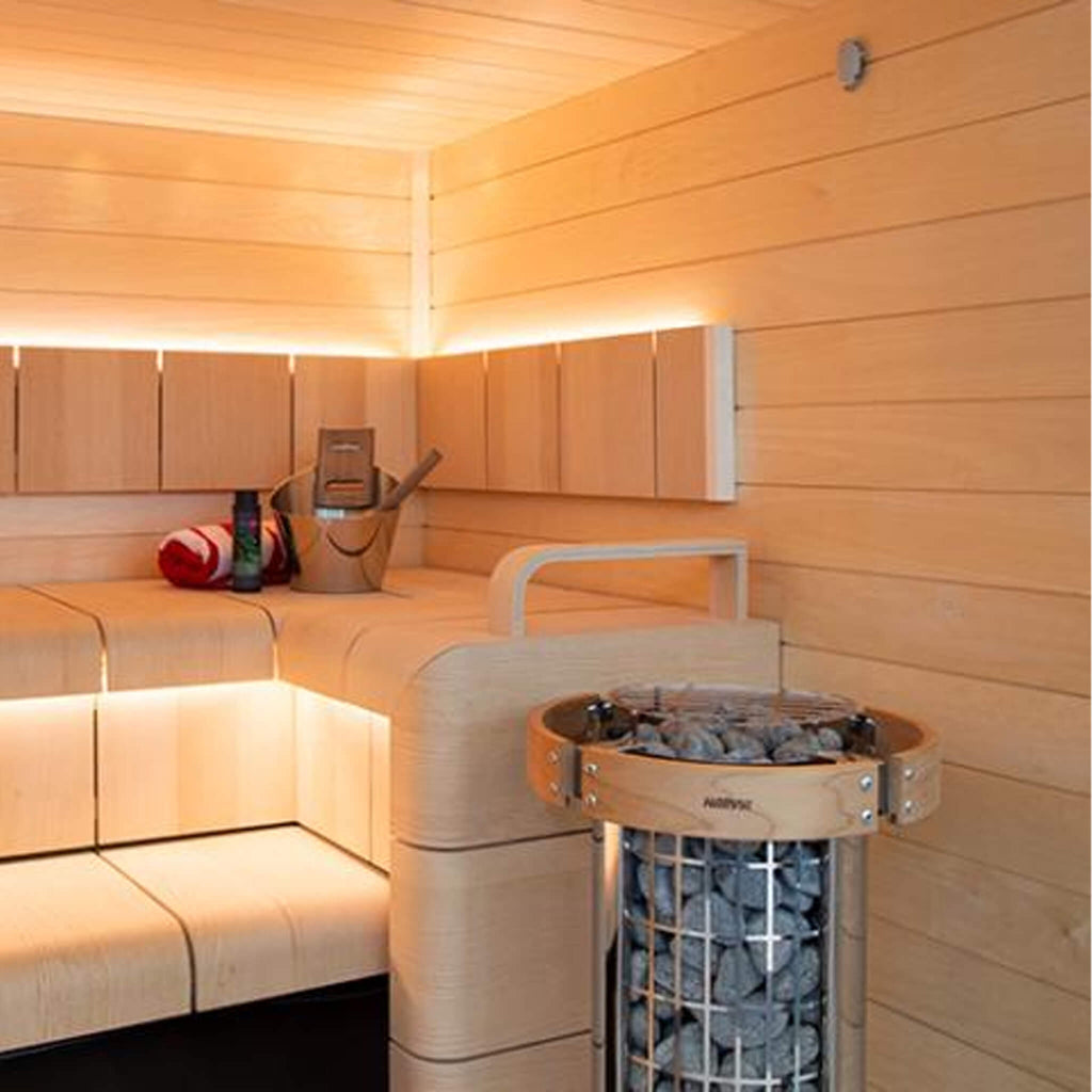 Harvia Cilindro Half Series Modern Steel Pillar-Style Sauna Heater - Front-Top View Beside Bench with Safety Railing - SAK84937