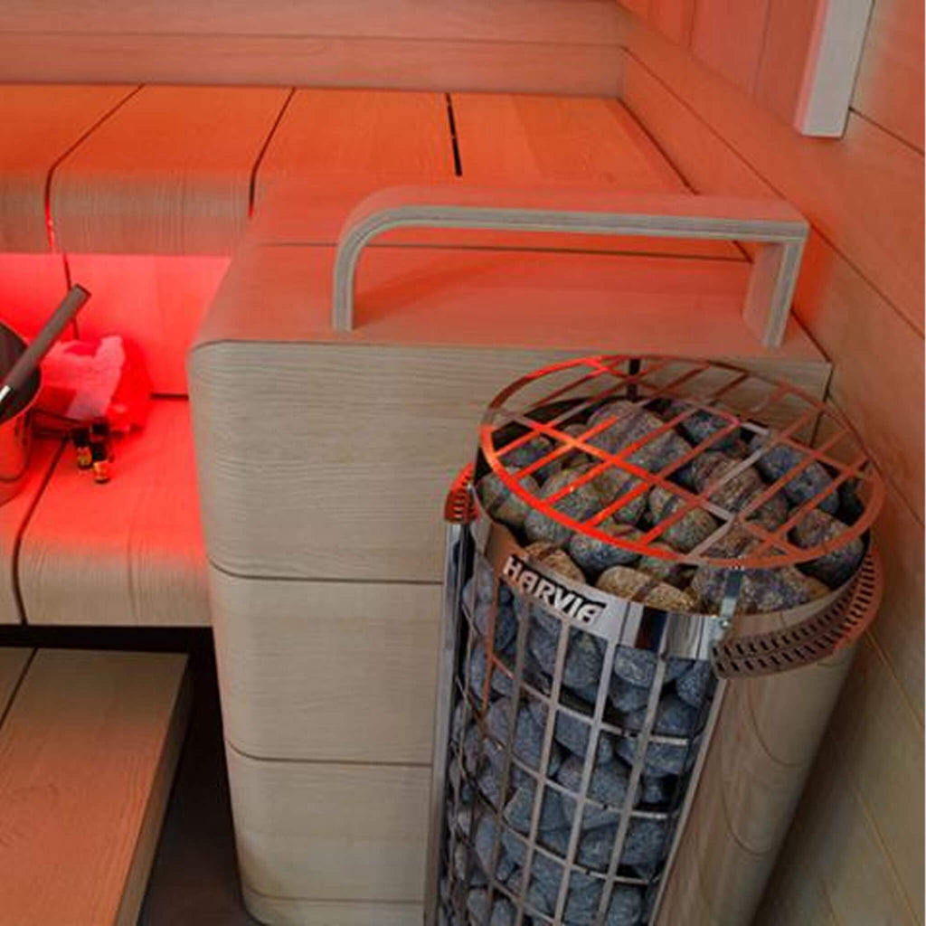 Harvia Cilindro Half Series Modern Steel Pillar-Style Sauna Heater - Top-Down View Beside Bench - SAK84937