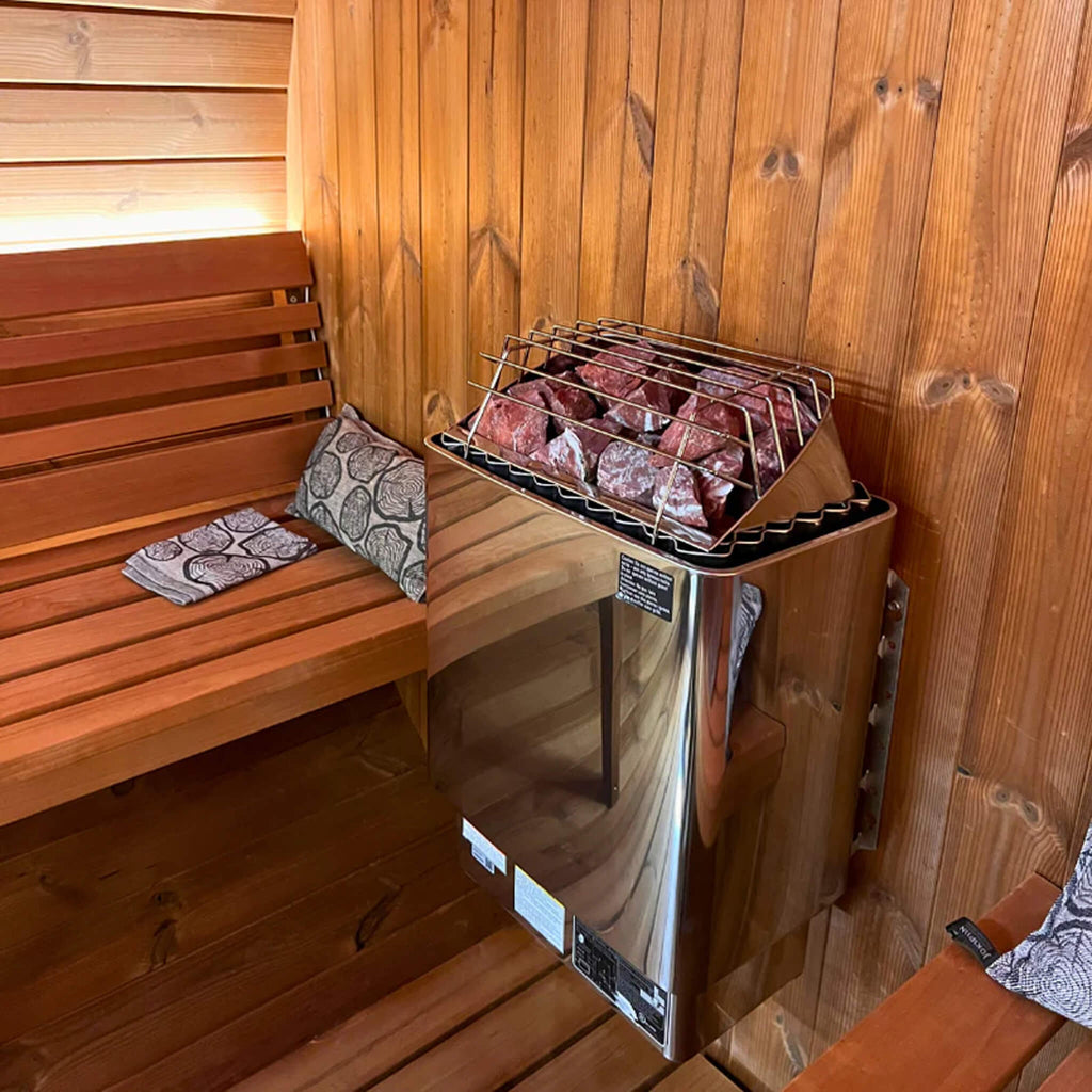 Harvia Kip UL Certified Electric Sauna Heater Front Left View On Sauna Wall