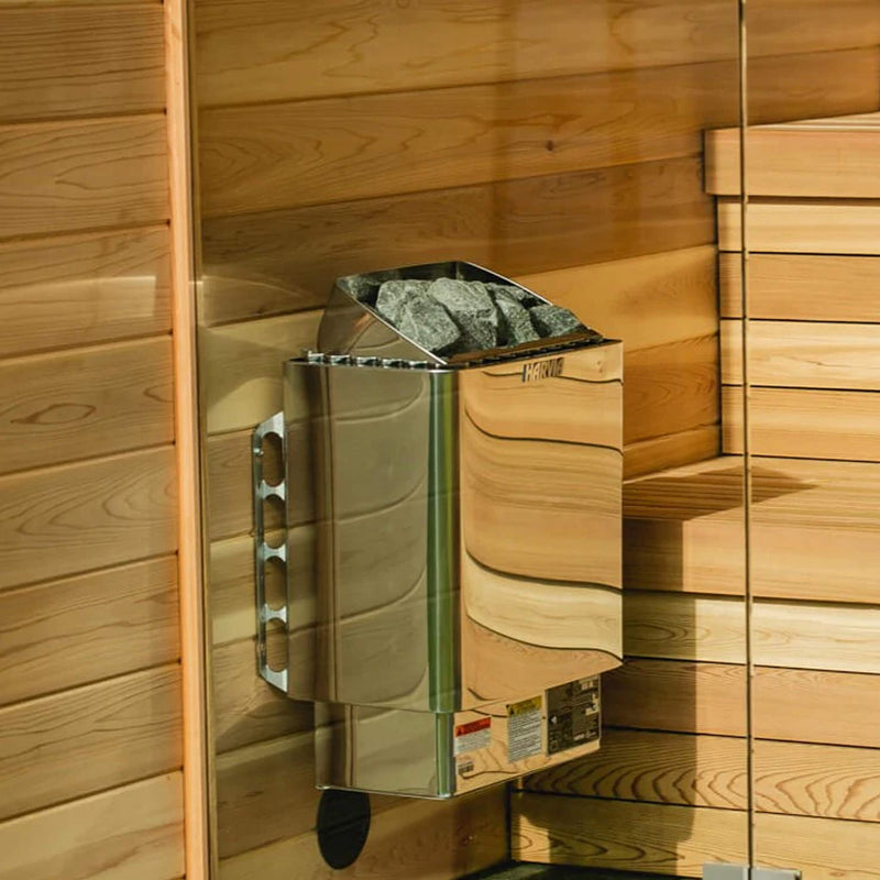 Harvia Kip UL Certified Electric Sauna Heater Front Right View On Sauna Wall