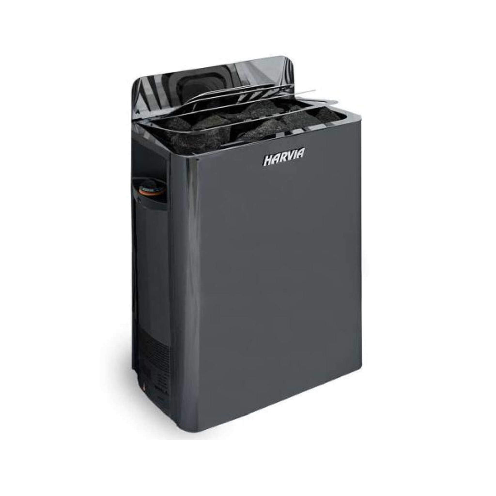 Harvia The Wall Stainless Steel Built-In Wall Mount Sauna Heater With Illuminated Controls and Sauna Stones [SW60/80] (SAK21467) - Saksby Wholesale - Black Front Right View