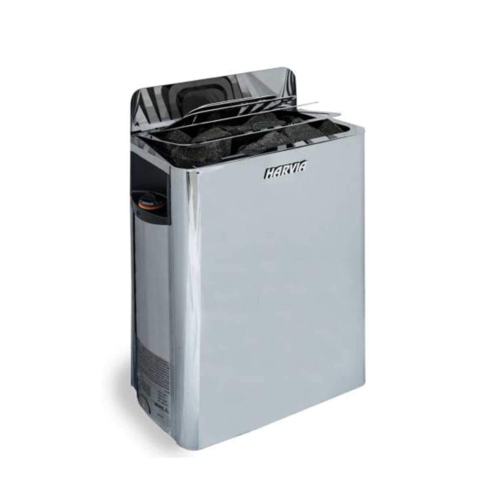 Harvia The Wall Stainless Steel Built-In Wall Mount Sauna Heater With Illuminated Controls and Sauna Stones [SW60/80] (SAK21467) - Saksby Wholesale - Silver Front Right View