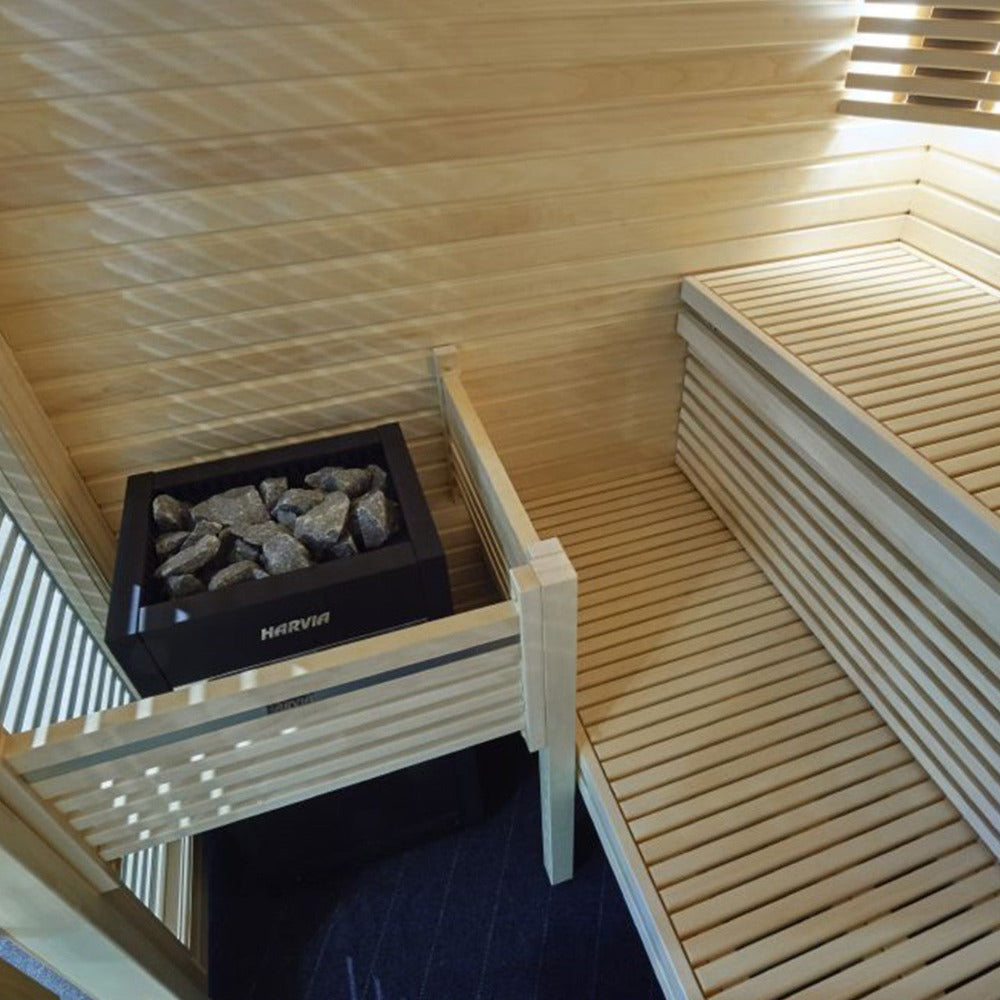 HARVIA Virta UL Certified Electric Sauna Heater With Digital Xenio Control Panel And WiFi Remote Control (SAK67385) Inside Sauna