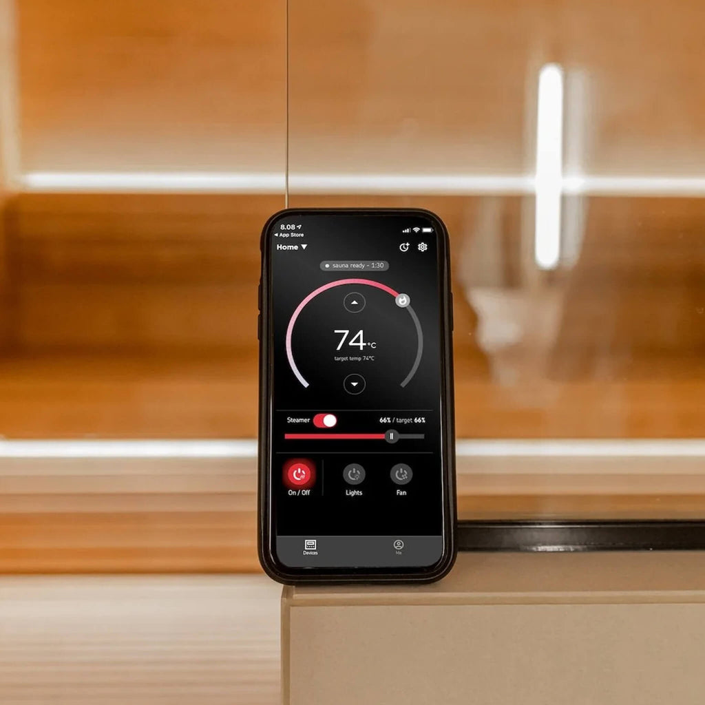 Harvia CX170 Digital WiFi Control App With Phone on Ledge