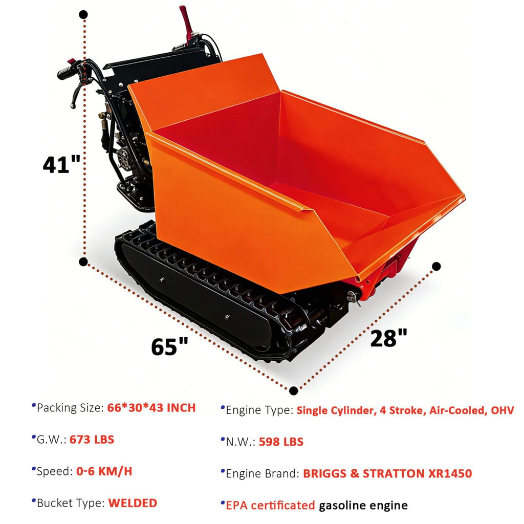 Heavy-Duty 1100LBS 10HP Gas-Powered Track Barrow With Hydraulic Assist (SAK48291) - Saksby Wholesale - Specifications